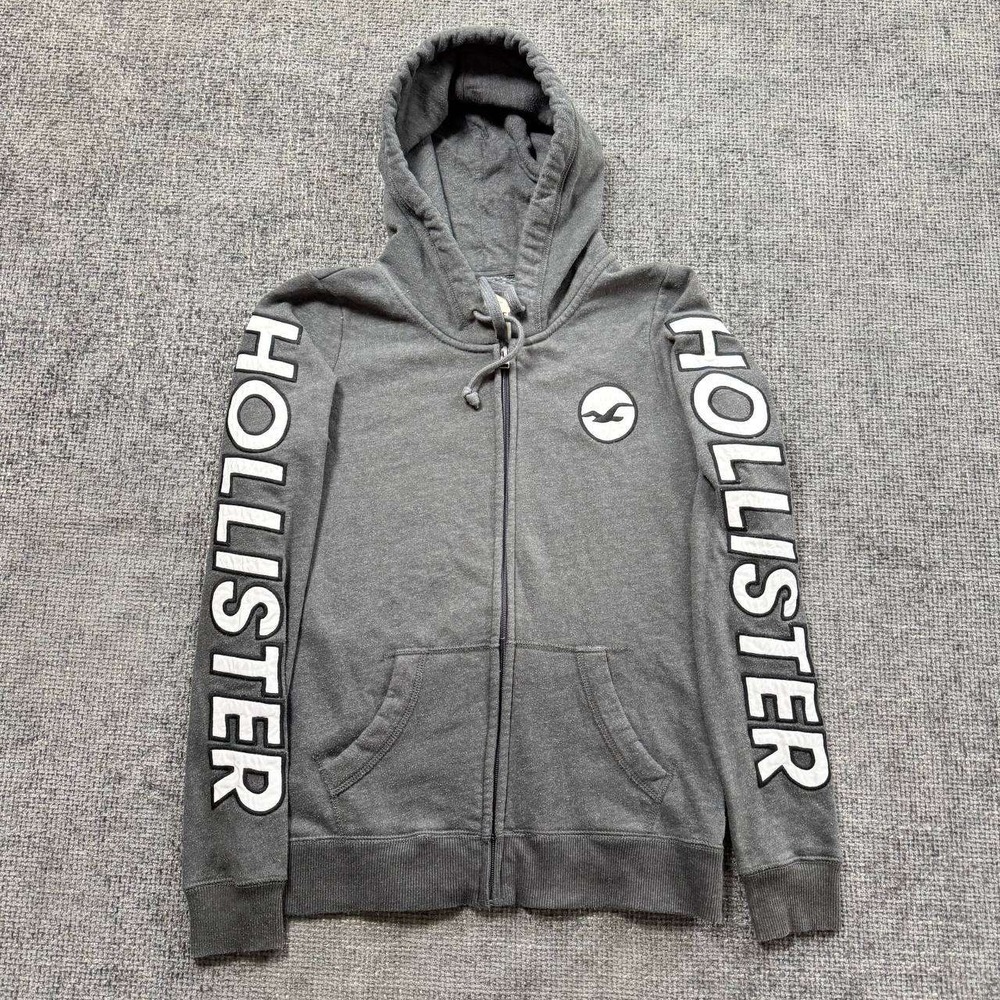 Hollister Full Zip Hoodie Mens Medium Charcoal Grey Logo Tape Sleeve Graphic